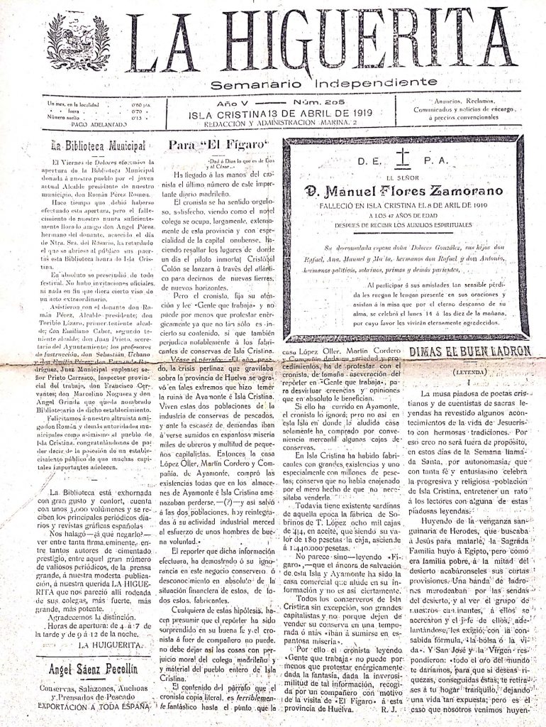 Archivo Municipal de Isla Cristina, Fondo Polo, Periódico LA HIGUERITA, 13 de abril de 1919