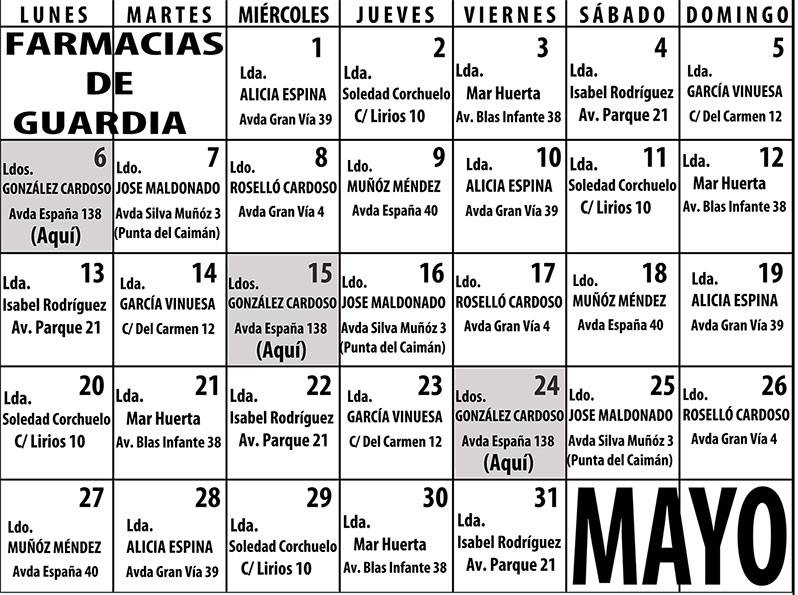 Farmacias de guardia en Isla Cristina mes de Mayo 2019