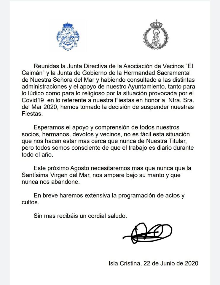 Se suspenden los actos lúdicos de las Fiestas de la Virgen del Mar 2020 de Punta del Caimán.