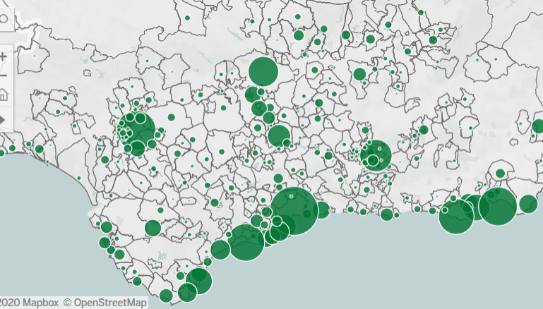 Mapa del Covid por localidades en Huelva en los últimos 7 días