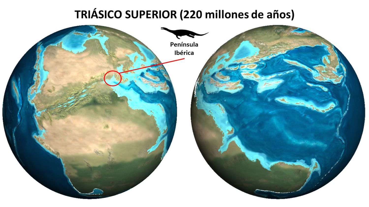 Reconstrucción paleogeográfica del Triásico Superior. El círculo muestra la ubicación, entonces, de lo que hoy es la península Ibérica
