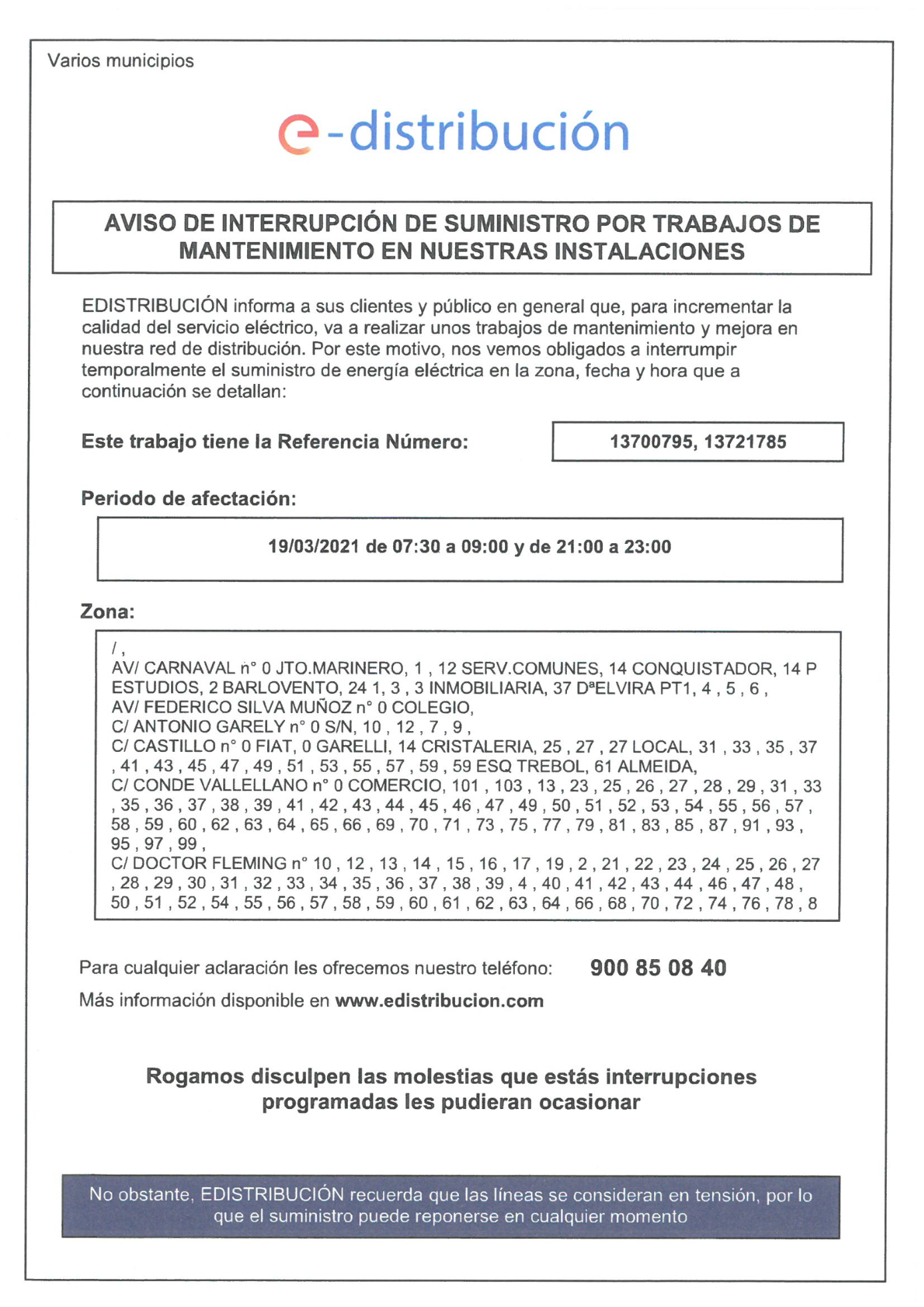 Aviso de interrupción de suministro en Isla Cristina por trabajos de mantenimiento