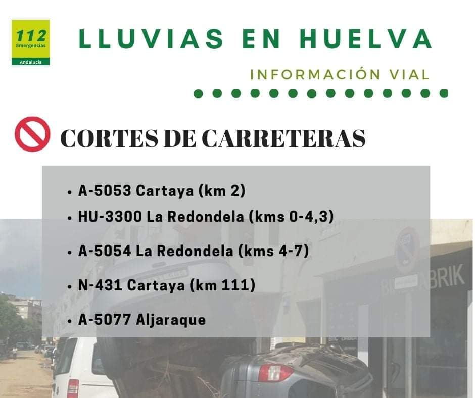 Cortadas cinco carreteras de la provincia de Huelva por los efectos de la lluvia