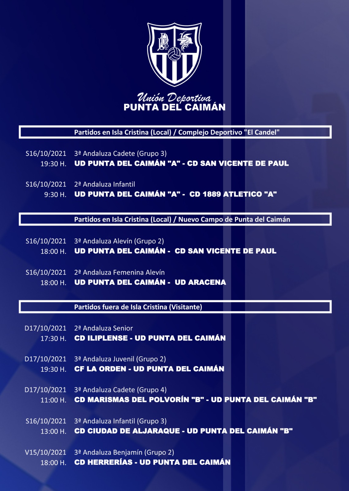 Agenda de partidos fin de semana equipos U.D. Punta del Caimán