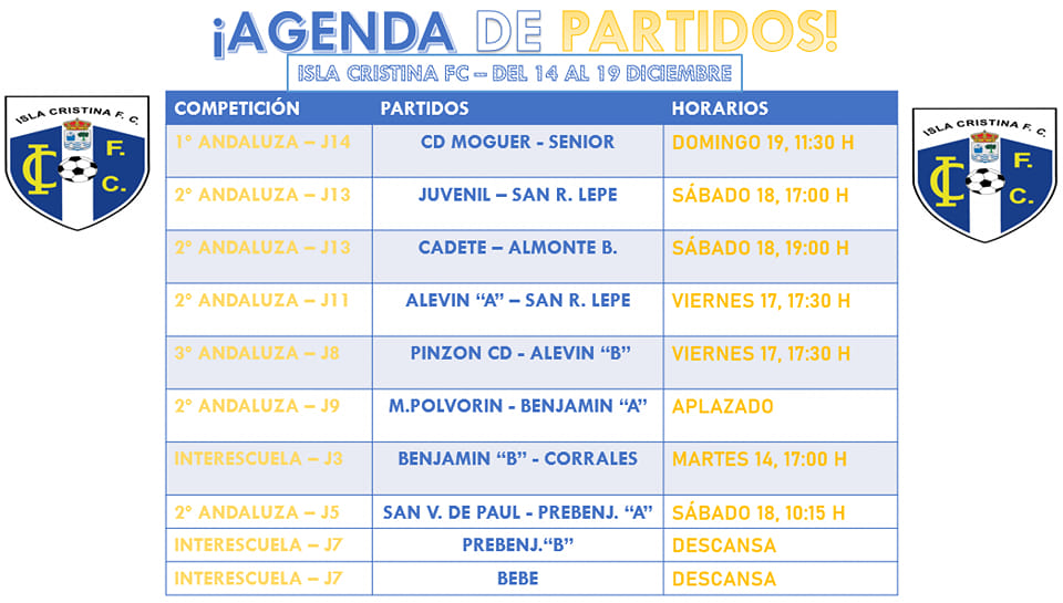 Agenda de partidos fin de semana cantera Isla Cristina FC