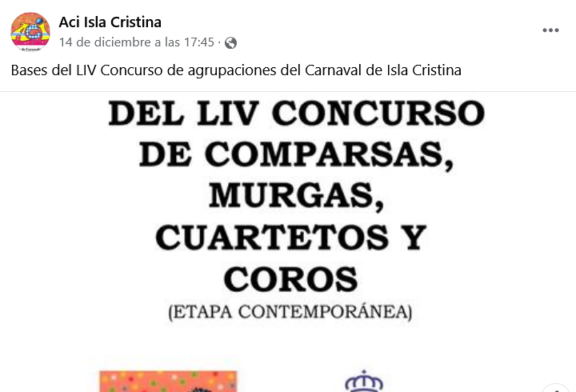 Bases del LIV Concurso de Comparsas, Murgas, Cuartetos y Coros de Isla Cristina (2022)