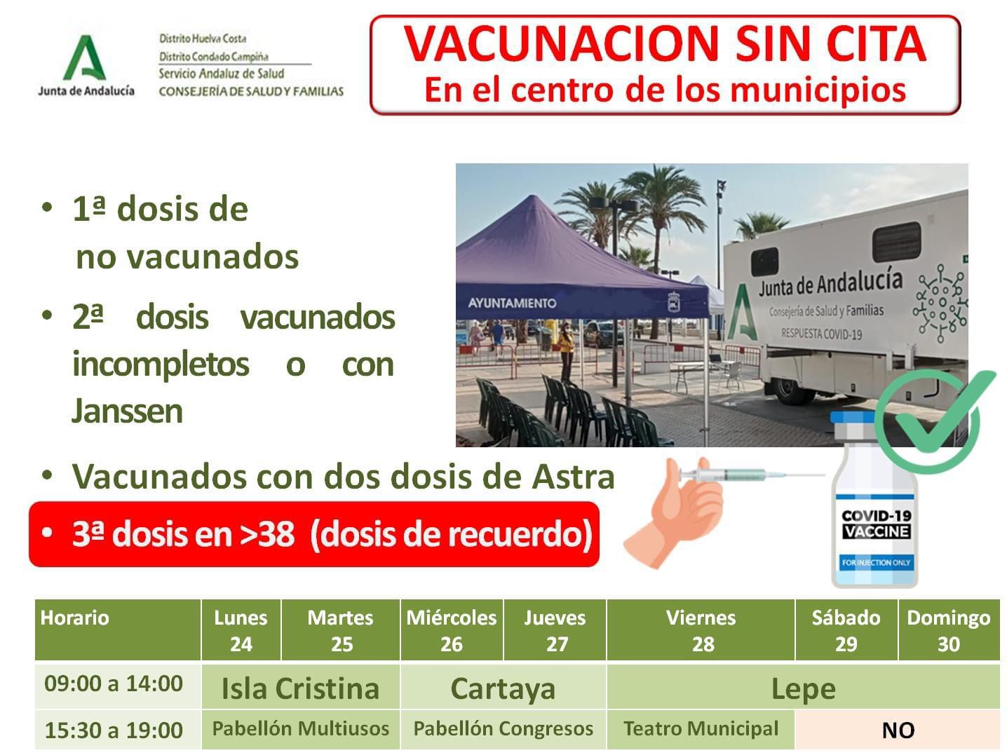 Vacunación sin cita contra el Covid, en Isla Cristina