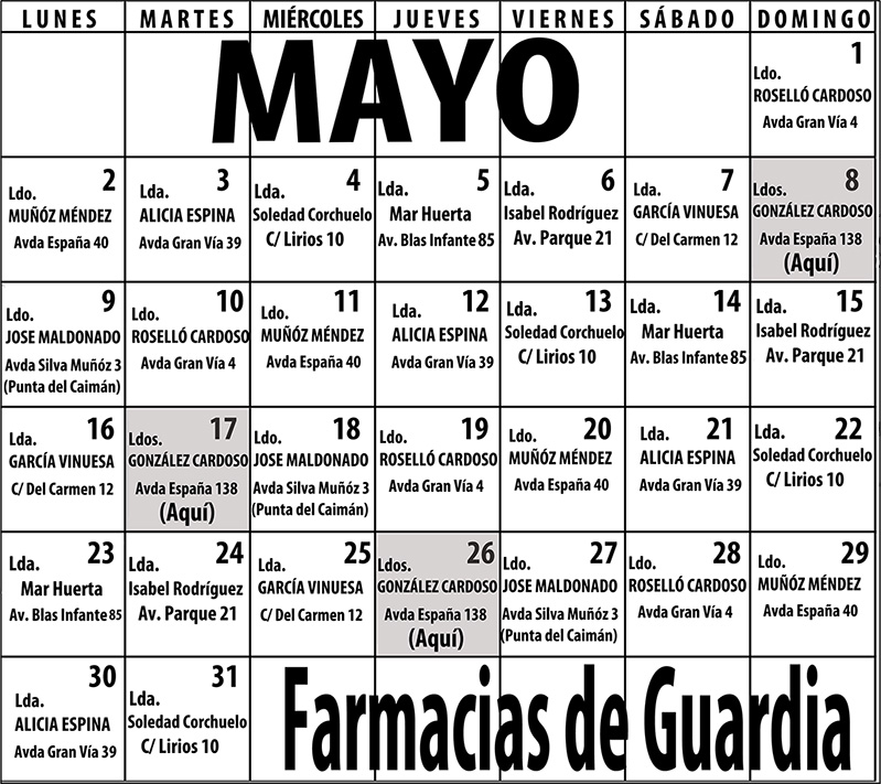 Farmacias de Guardia en Isla Cristina para el mes de Mayo 2022