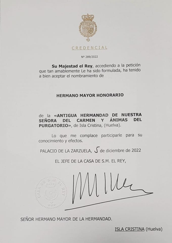 S.M. el Rey don Felipe VI, Hermano Mayor Honorario de la Hermandad de Nuestra Señora del Carmen de Isla Cristina