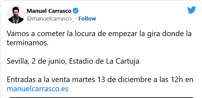 Ya hay fecha para el Concierto de Manuel Carrasco en La Cartuja de Sevilla