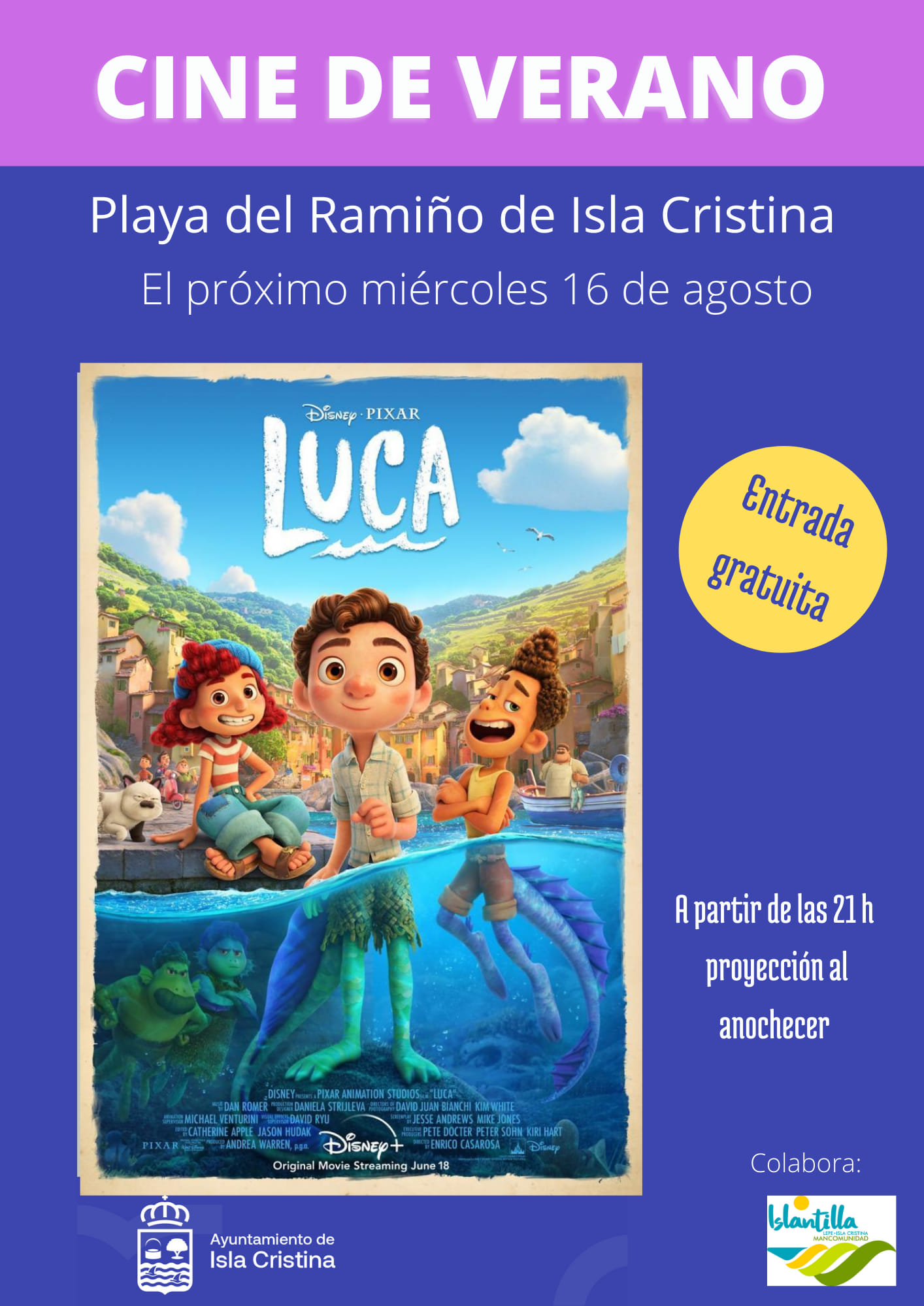 Cine de verano “Luca” película original de Disney. Playa Ramiño de Isla Cristina