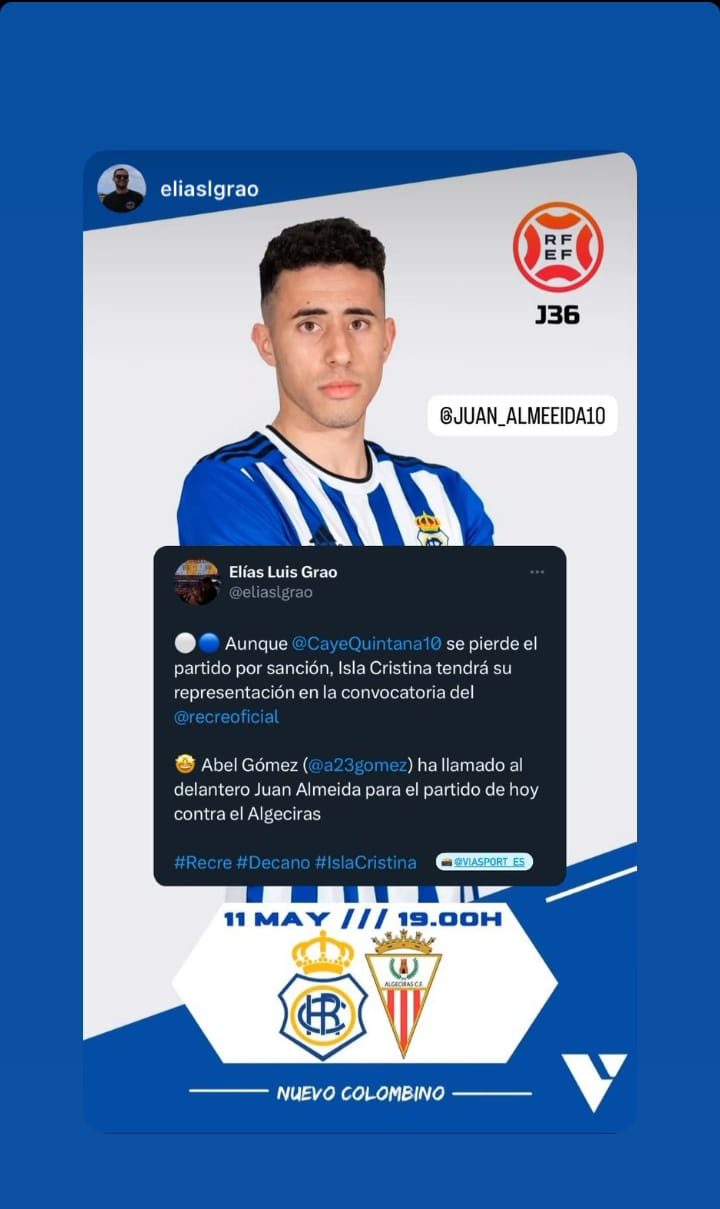 Juan Almeida, convocado para el partido Recre vs Algeciras